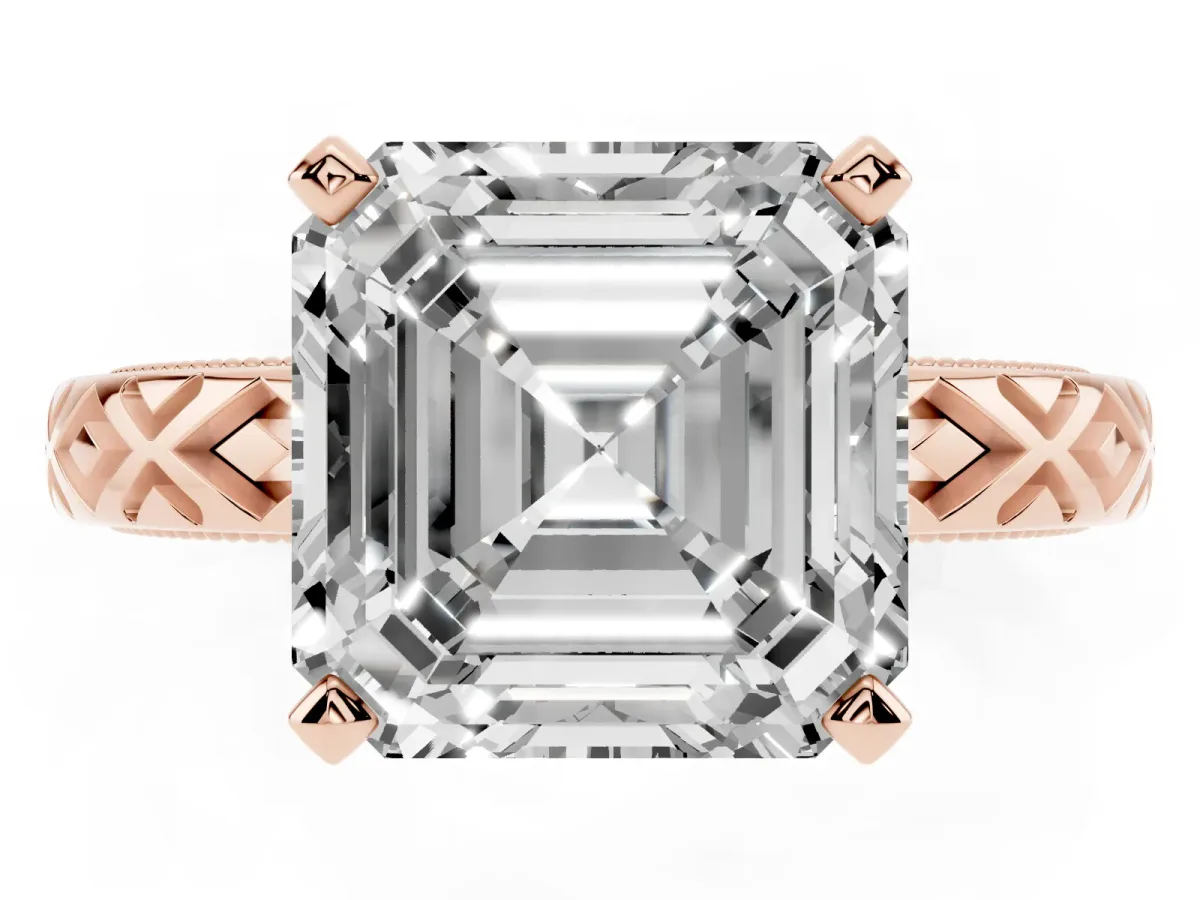 Asscher Cut Solitaire Diamond Ring with Milgrain and Black Enamel X Pattern Band Rose gold