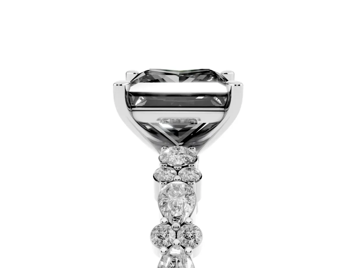 Fancy Black Princess Cut Diamond Side Stone Solitaire Ring with Round and Four-Prong Setting Silver