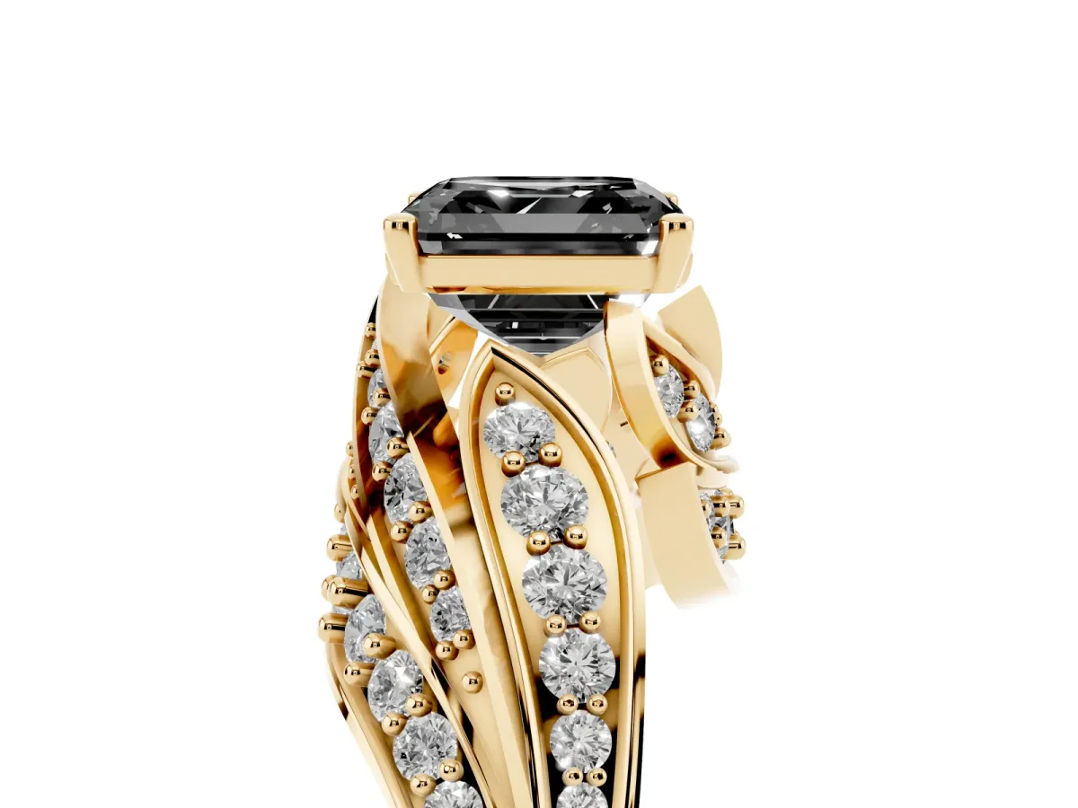 Fancy Black Asscher Cut Diamond Solitaire Ring with Prong Setting and Twisted Pavé Band Yellow gold