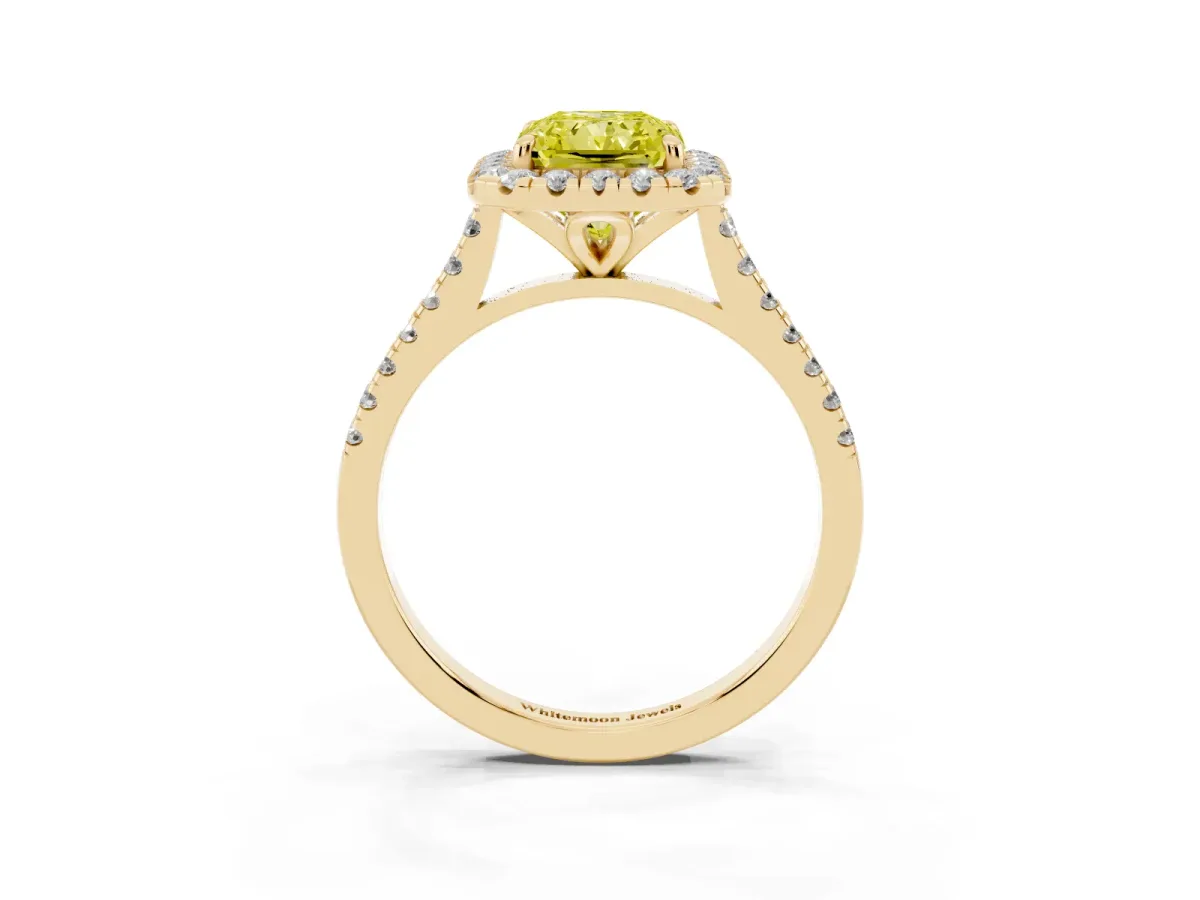 Fancy Yellow Radiant Cut Diamond Cushion Halo Ring with Pavé Band Yellow gold