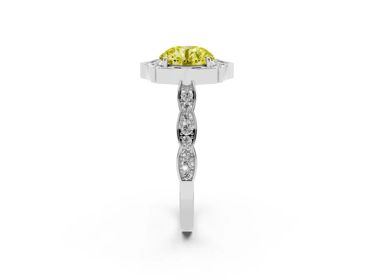 Fancy Yellow Round Cut Halo Diamond Engagement Ring with Milgrain Band and Four-Prong Setting White gold