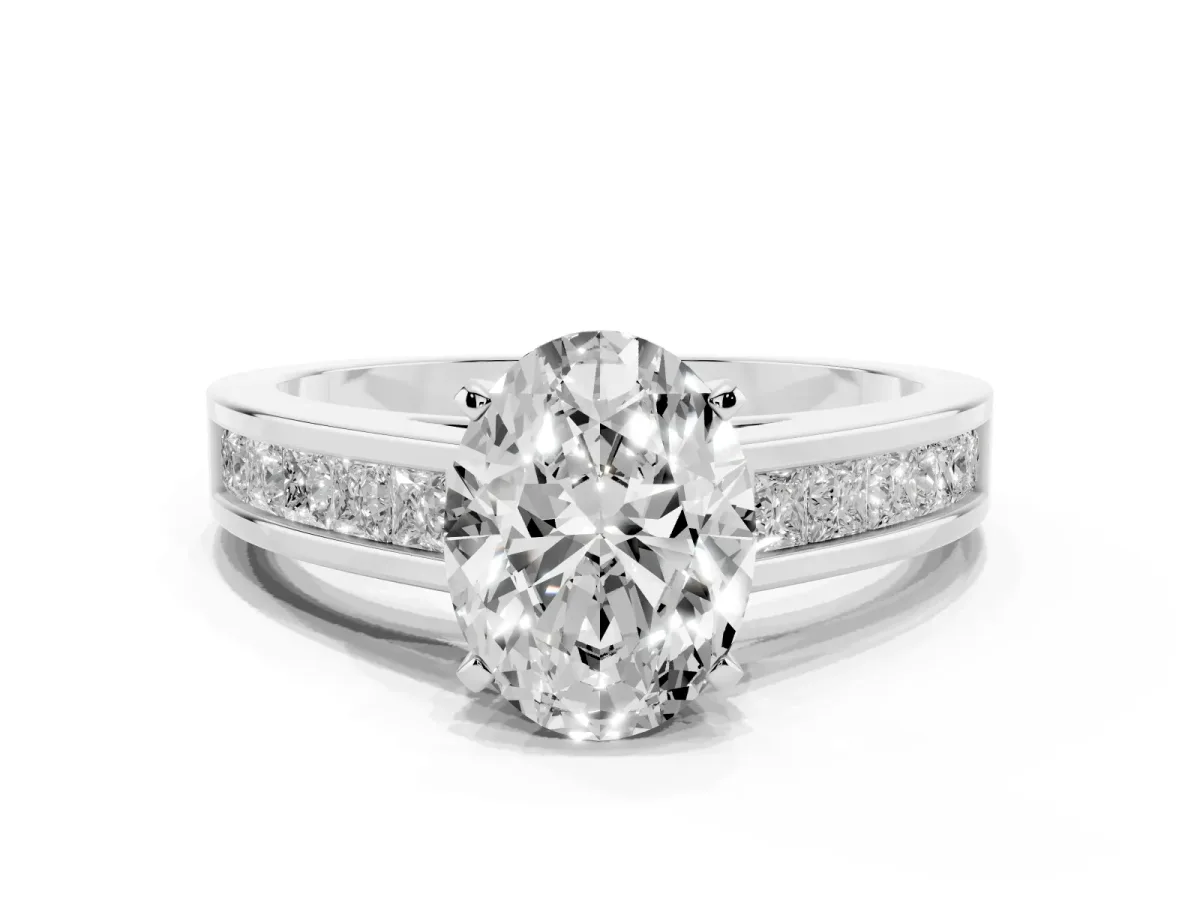 Oval Cut Solitaire Diamond Ring with Channel-Set Band and Four-Prong Setting White gold