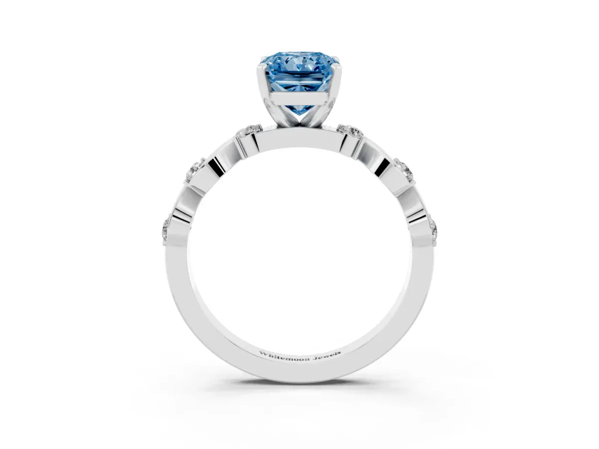 Fancy Blue Radiant Cut Diamond Solitaire Twisted Band with Round Accents and Prong Setting Silver
