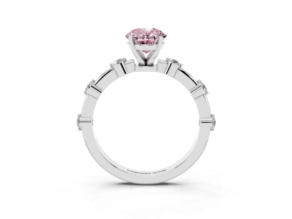 Fancy Pink Oval Cut Solitaire Diamond Ring with Bezel Set Side Stones and Prong Setting Silver