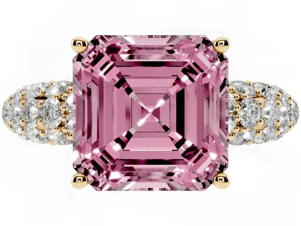 Fancy Pink Asscher Cut Diamond Pavé Band Solitaire Ring with Four-Prong Setting Yellow gold
