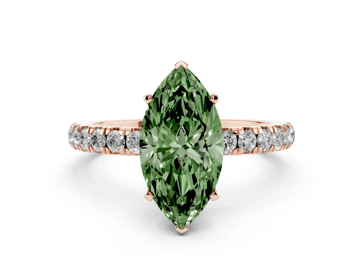Fancy Green Marquise Cut Diamond Solitaire Ring with Pavé Accents and Four-Prong Setting Rose gold
