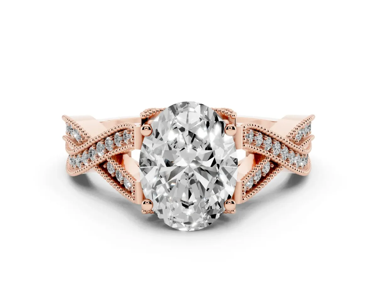 Oval Cut Cut Diamond Twisted Band with Milgrain Pave Setting and Four-Prong Setting Rose gold