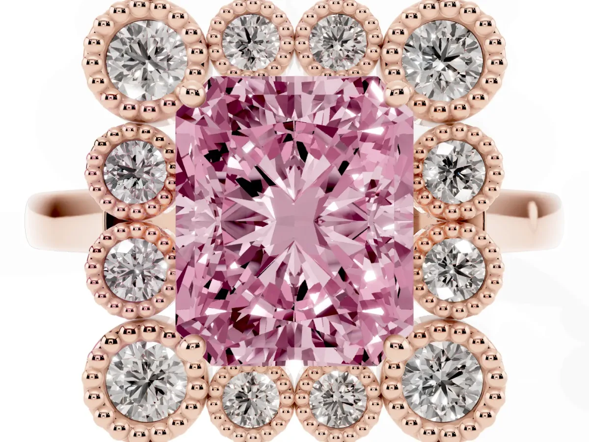 Fancy Pink Radiant Cut Halo Diamond Cluster Engagement Ring with Milgrain Bezel Setting and Solitaire Band Rose gold