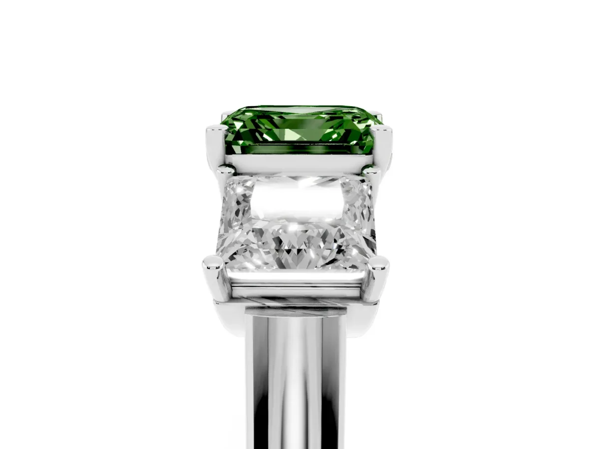 Fancy Green Three-Stone Asscher Cut Brilliant Diamond Trellis Ring with Comfort Fit Band White gold