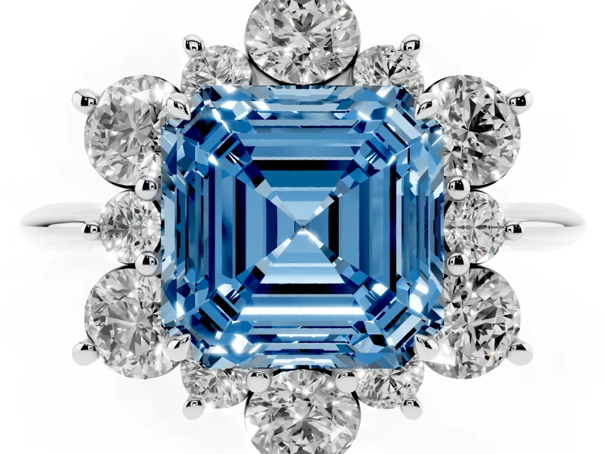 Fancy Blue Asscher Cut Diamond Cluster Halo Ring with Solitaire Band and Four-Prong Setting Silver