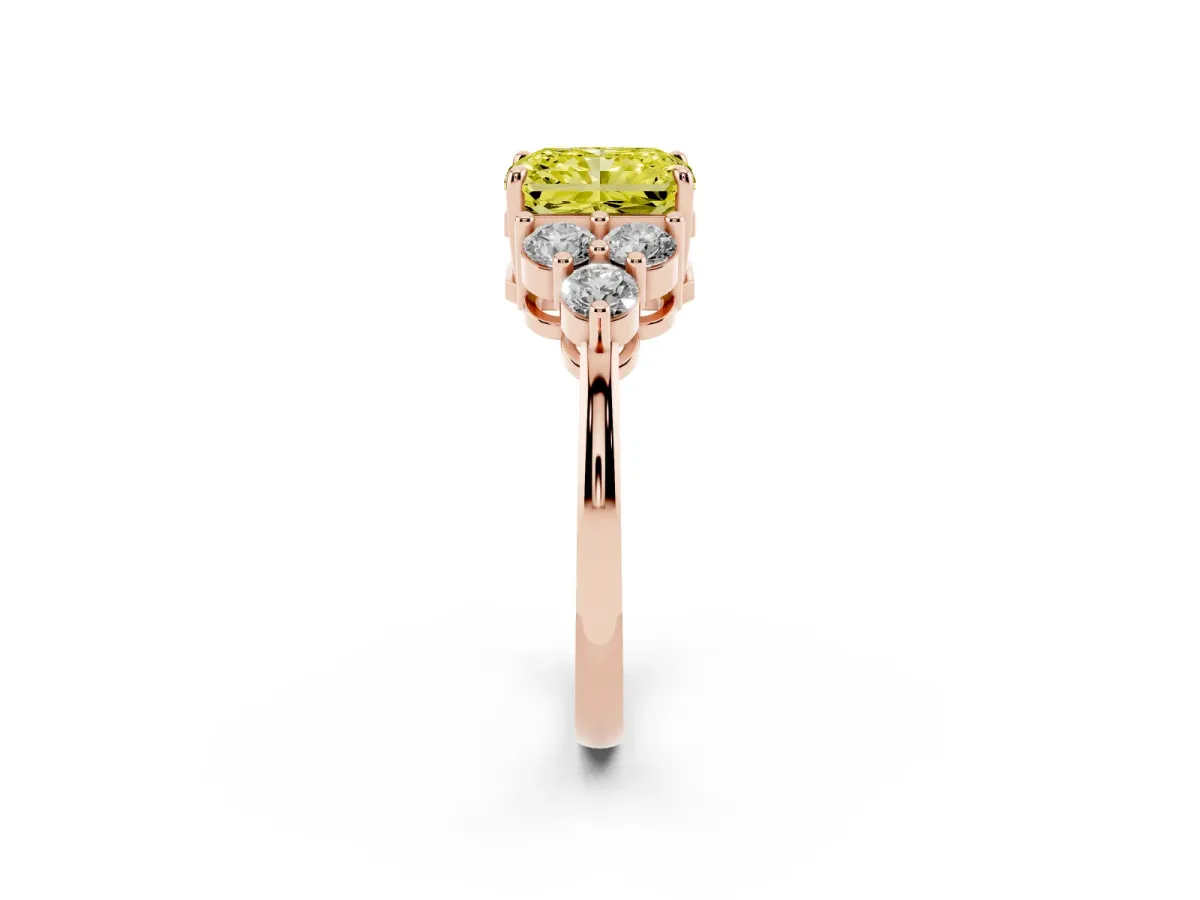 Fancy Yellow Radiant Cut Brilliant Diamond Cluster Accent Solitaire Ring with Prong Setting Rose gold