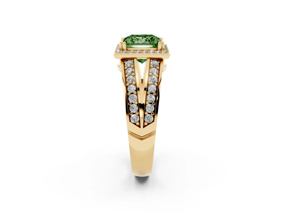 Fancy Green Princess Cut Diamond Halo Ring with Split Shank Pavé Band and Four-Prong Setting Yellow gold