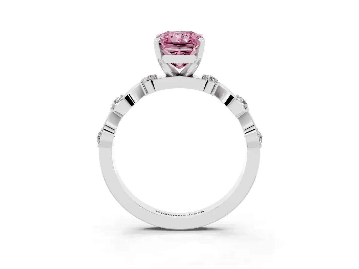 Fancy Pink Radiant Cut Diamond Solitaire Twisted Band with Round Accents and Prong Setting White gold