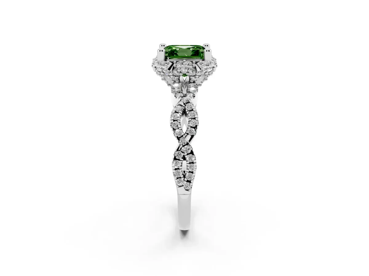 Fancy Green Asscher Cut Halo Twist Band Solitaire Ring with Six-Prong Setting Silver
