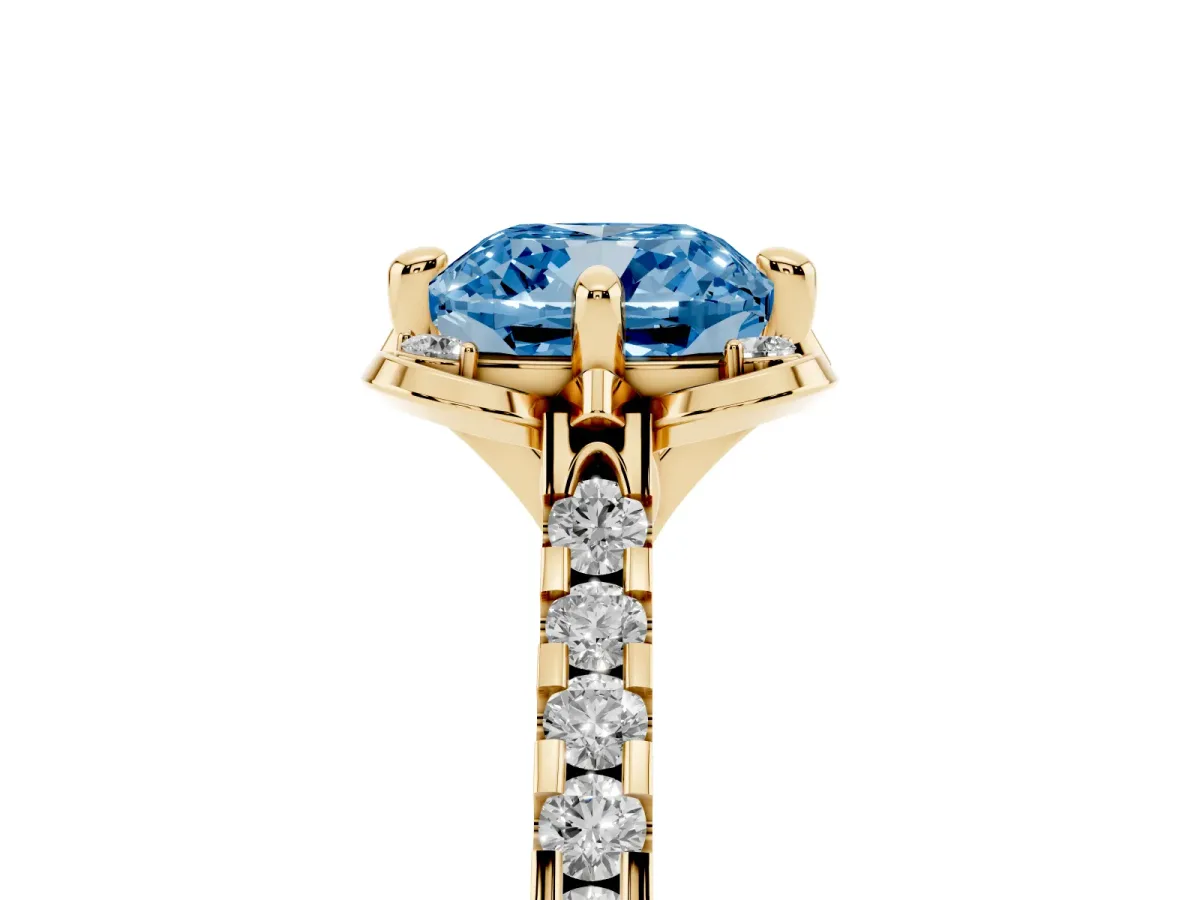 Fancy Blue Cushion Cut Diamond Ring with Pavé Band and Floral Prong Setting Yellow gold