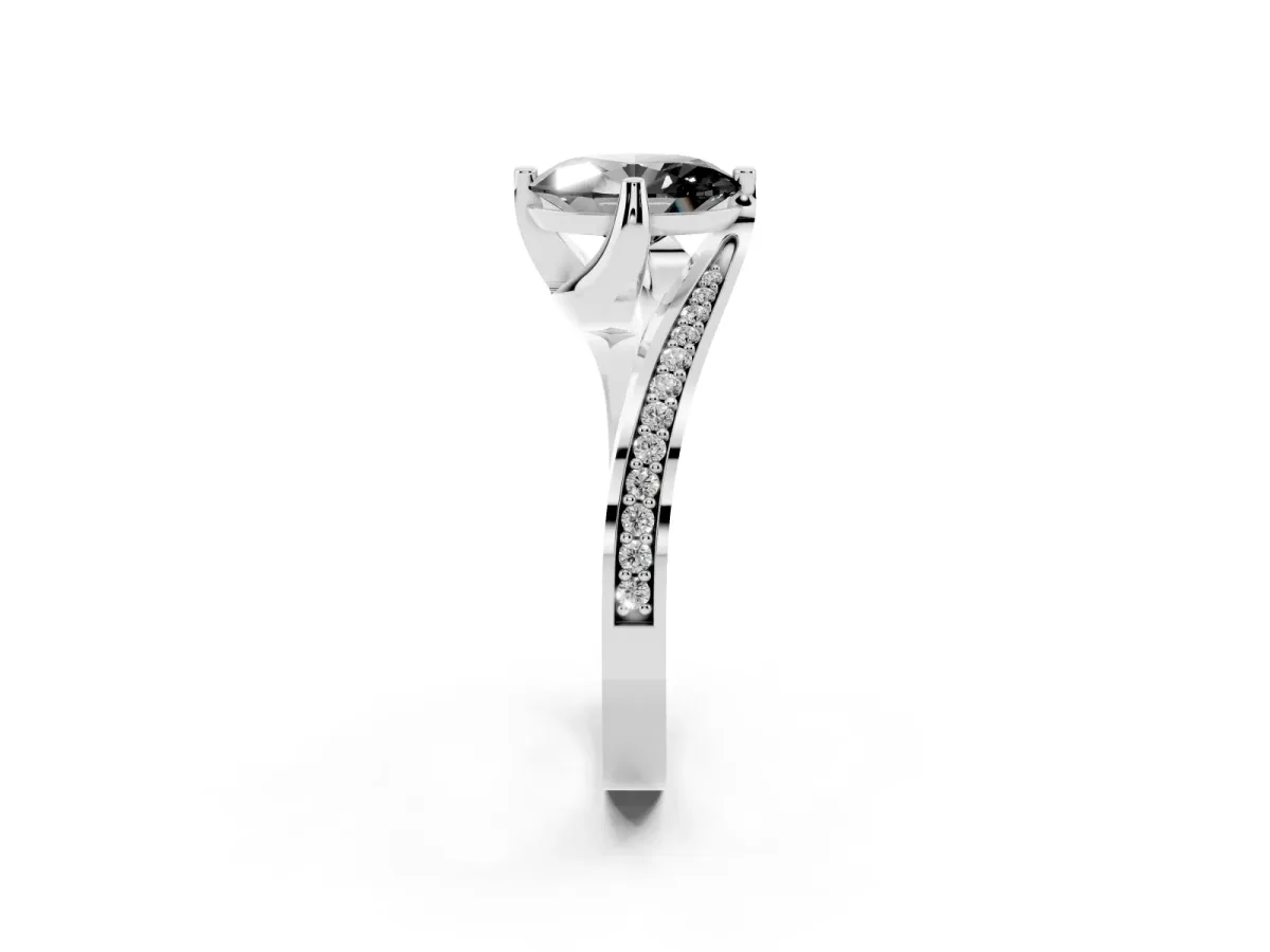 Fancy Black Oval Cut Solitaire Diamond Twist Band with Pavé Setting and Four-Prong Setting Silver