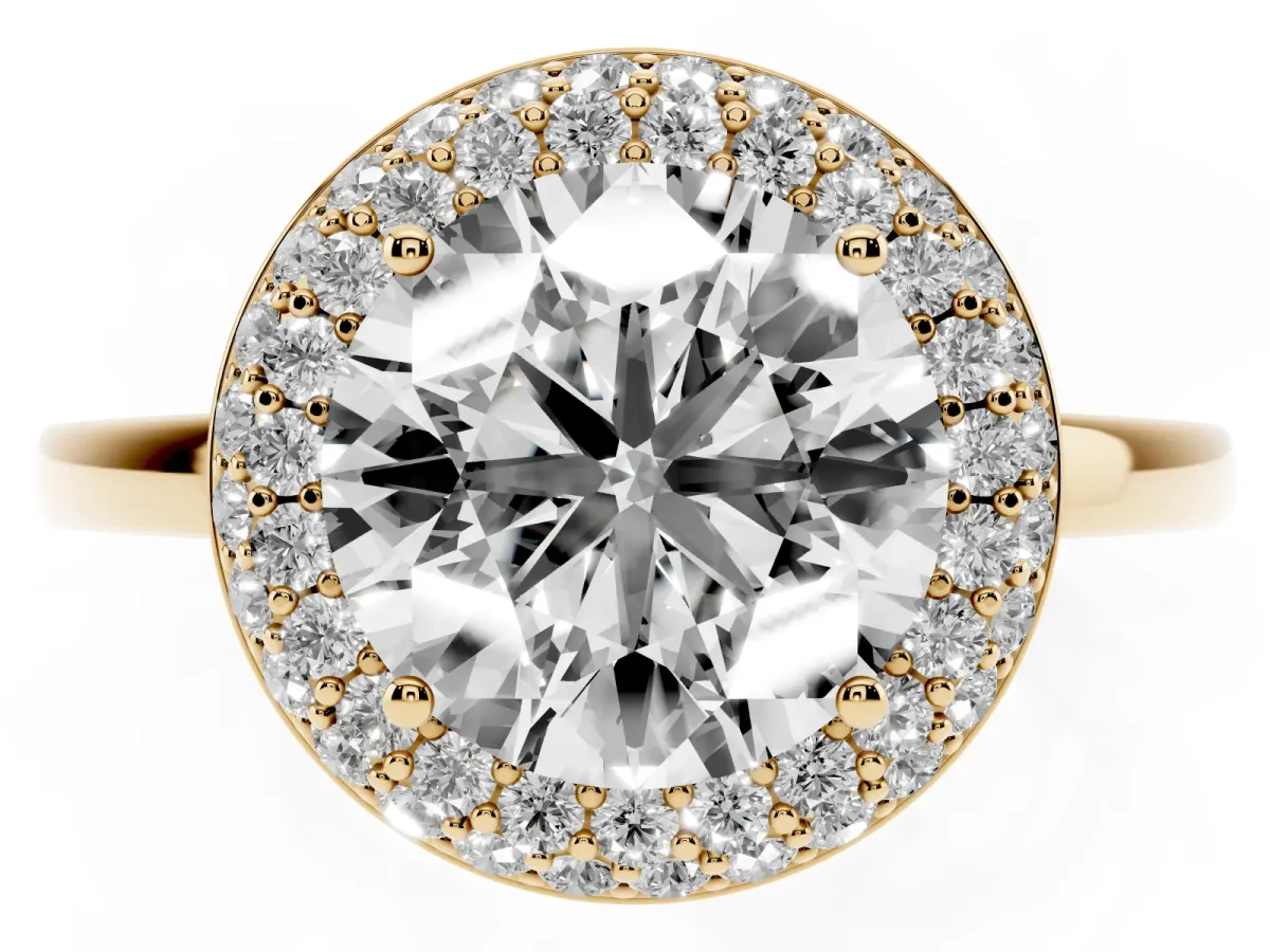 Round Cut Halo Diamond Engagement Ring with Solitaire Band and Four-Prong Setting Yellow gold