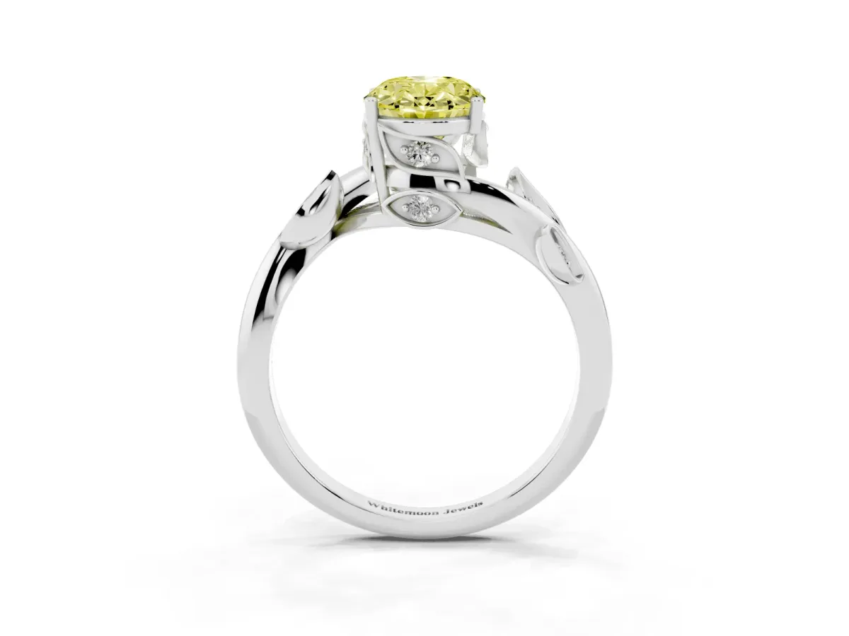 Fancy Yellow Oval Cut Solitaire Twist Engagement Ring with Leaf Accents and Prong Setting Silver