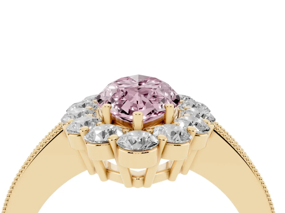 Fancy Pink Marquise Cut Cut Halo Diamond Pavé Engagement Ring with Milgrain Detailing Yellow gold