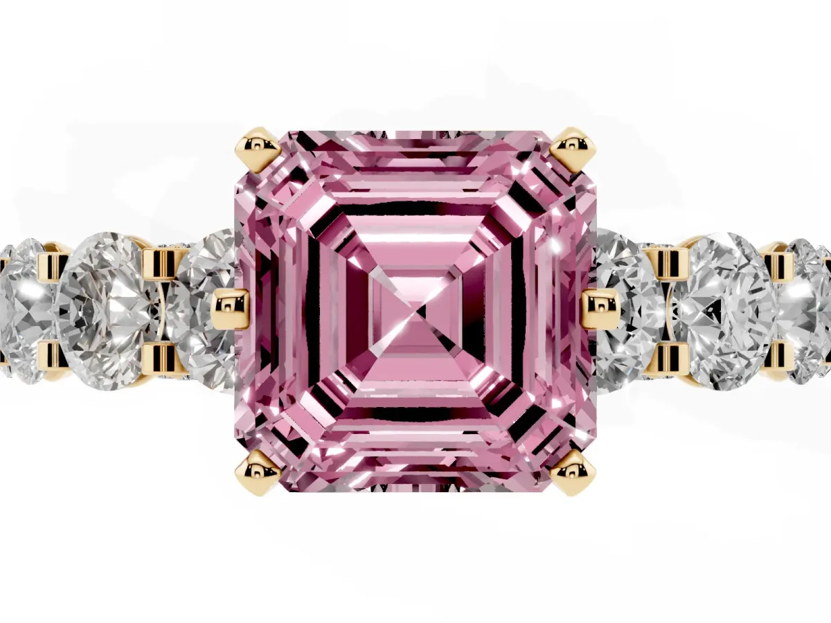 Fancy Pink Asscher Cut Diamond Side Stone Engagement Ring with Four-Prong Setting Yellow gold