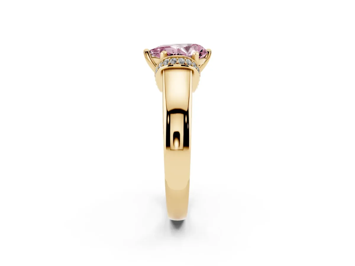 Fancy Pink Pear Cut Solitaire Diamond Ring with Pave Band and Six-Prong Setting Yellow gold