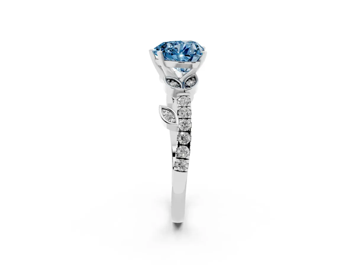 Fancy Blue Heart Cut Solitaire Leaf-Inspired Diamond Ring with Pavé Band and Four-Prong Setting Silver