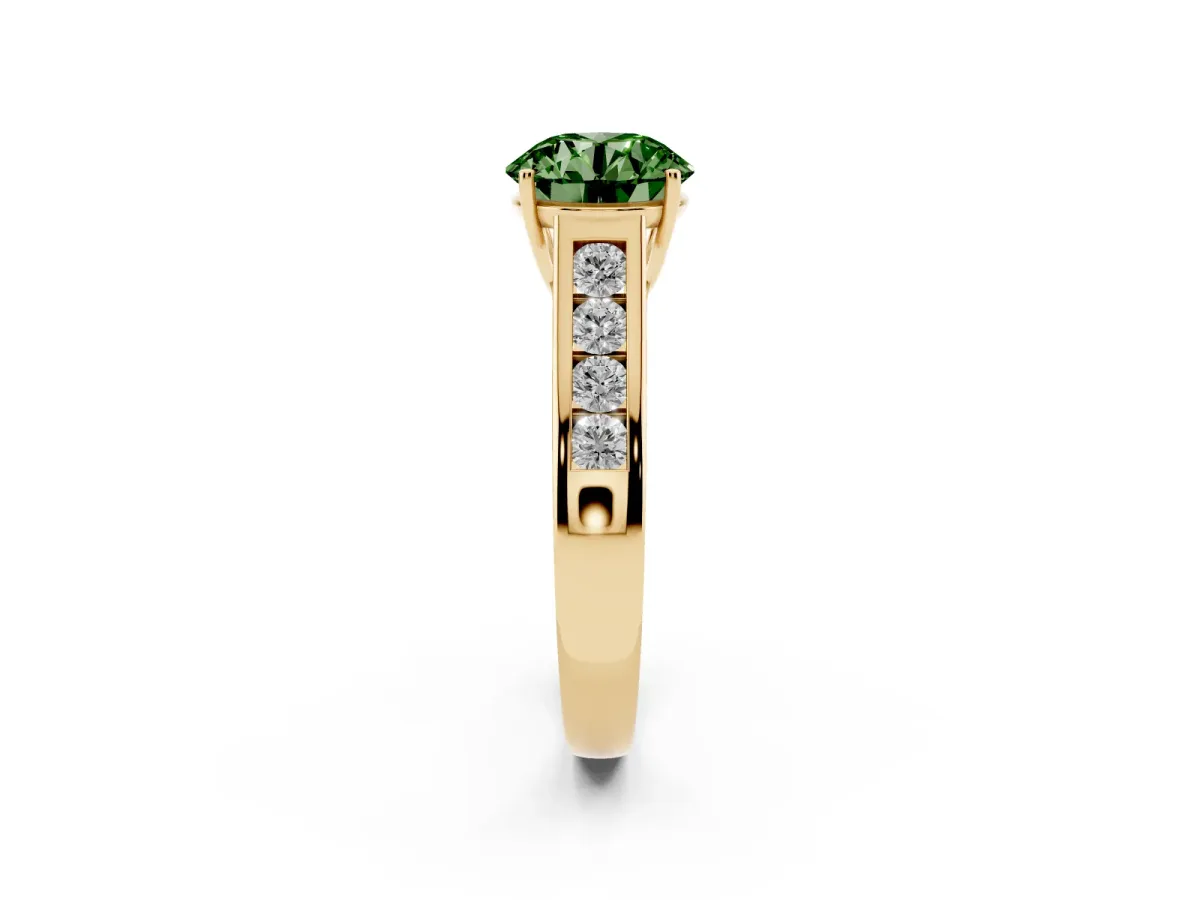 Fancy Green Round Cut Brilliant Channel-Set Solitaire Ring with Four-Prong Setting Yellow gold