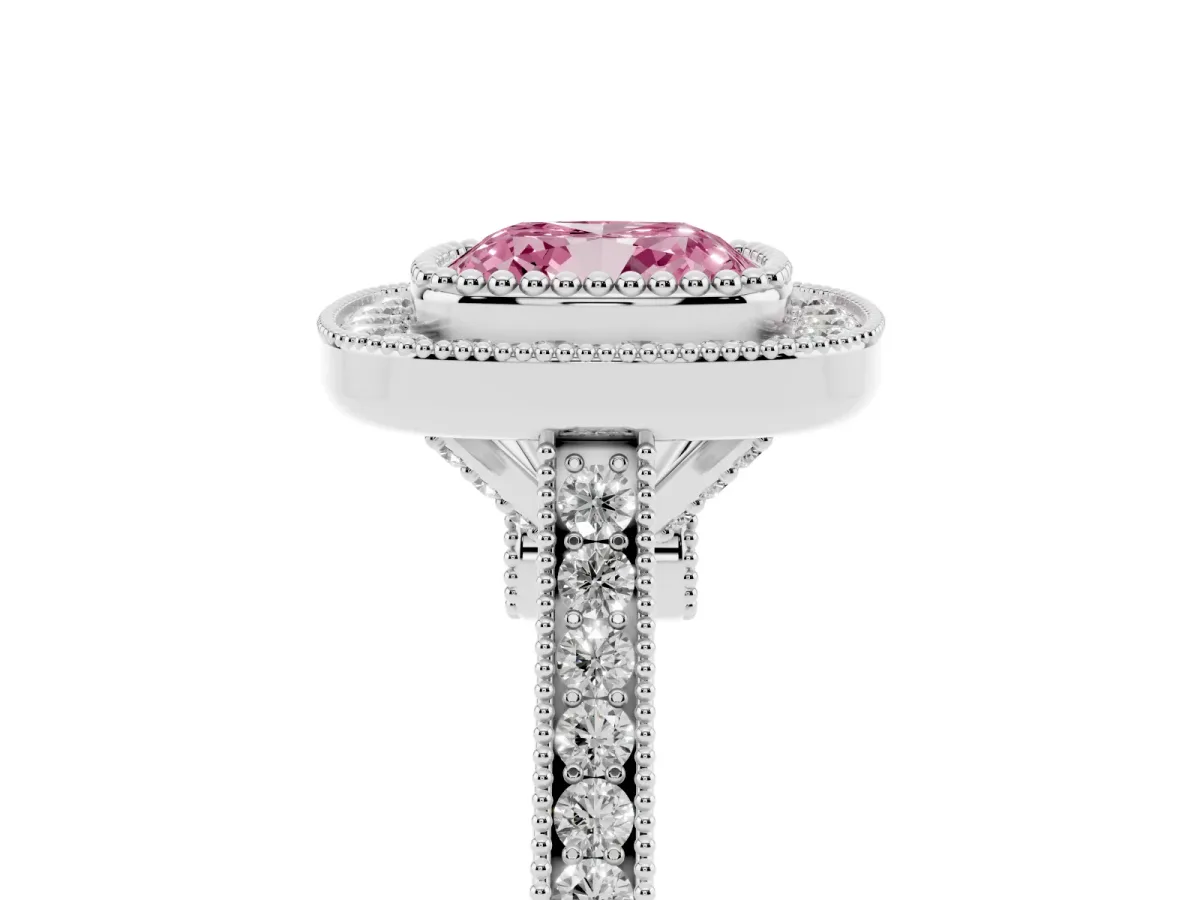 Fancy Pink Cushion Cut Diamond Halo Ring with Milgrain Frame and Pavé Band Platinum