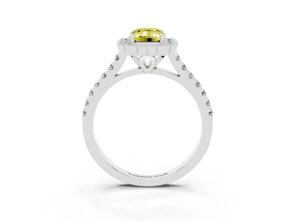 Fancy Yellow Emerald Cut Cut Diamond Milgrain Floral Halo Engagement Ring with Pavé Band Silver
