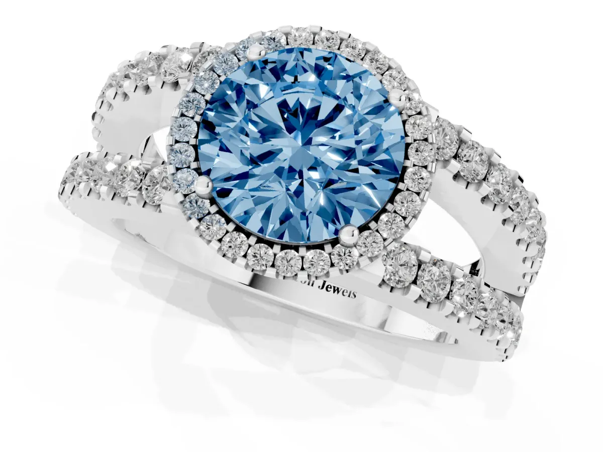 Fancy Blue Round Cut Cut Halo Split Shank Diamond Ring with Four-Prong Setting Platinum