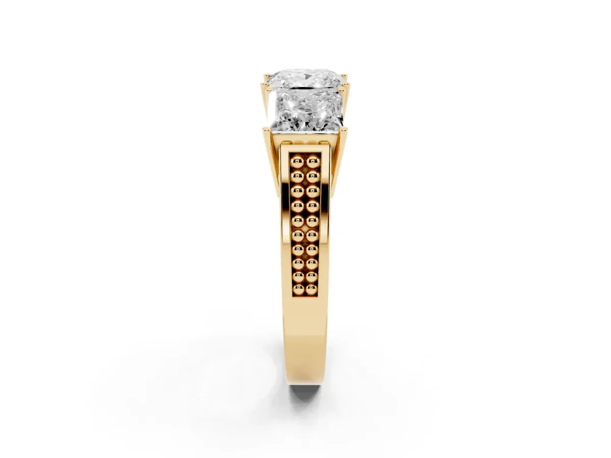 Princess Cut Diamond Three-Stone Ring with Prong Setting and Textured Band Yellow gold