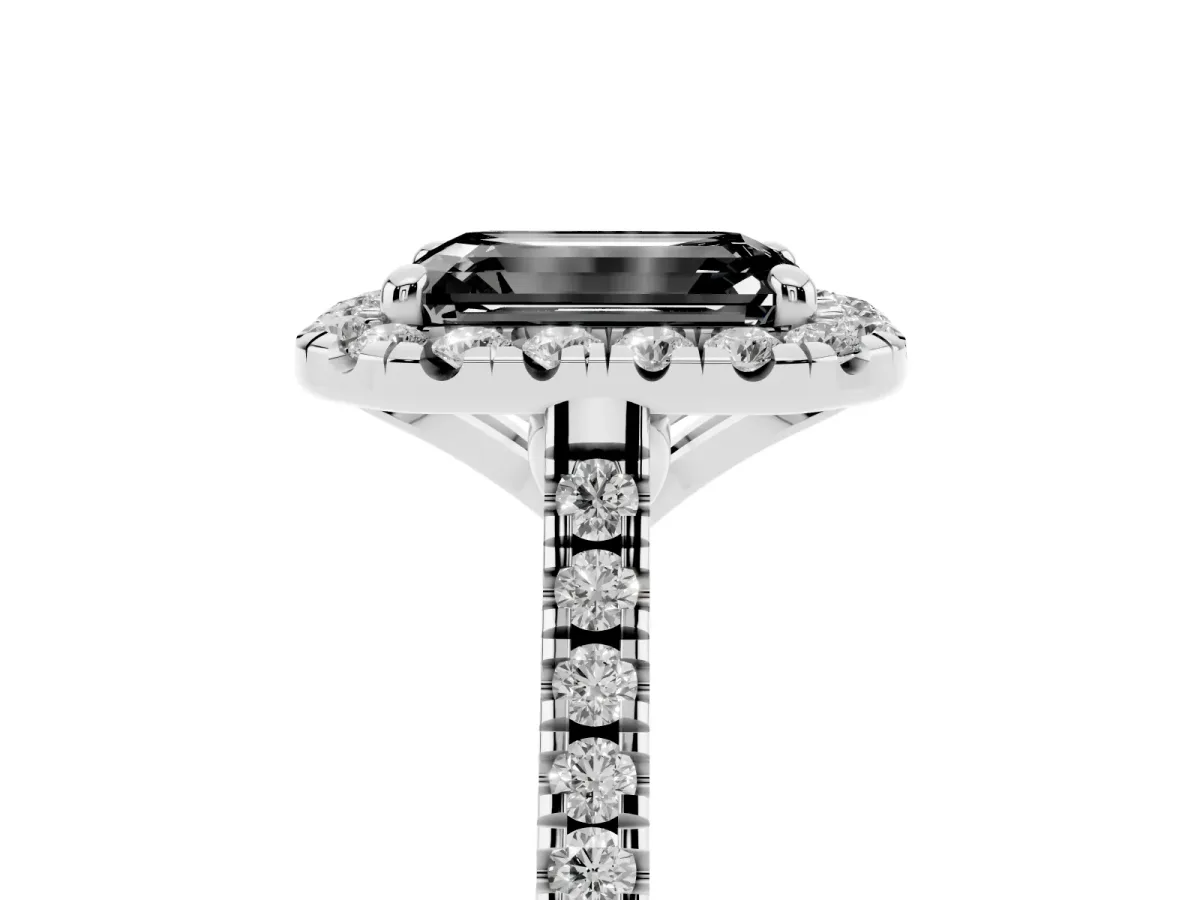 Fancy Black Emerald Cut Diamond Cushion Halo Ring with Pavé Band Silver