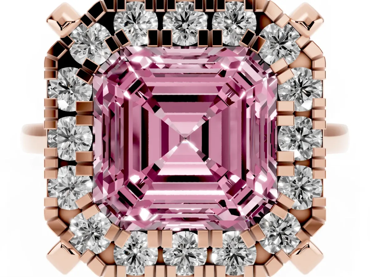 Fancy Pink Asscher Cut Diamond Cluster Halo Solitaire with Four-Prong Setting Rose gold