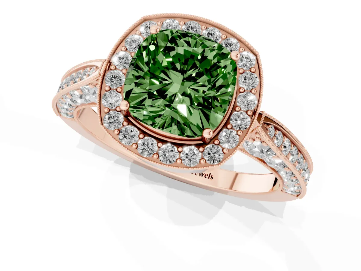 Fancy Green Cushion Cut Halo Diamond Engagement Ring with Split Shank Band and Four-Prong Setting Rose gold