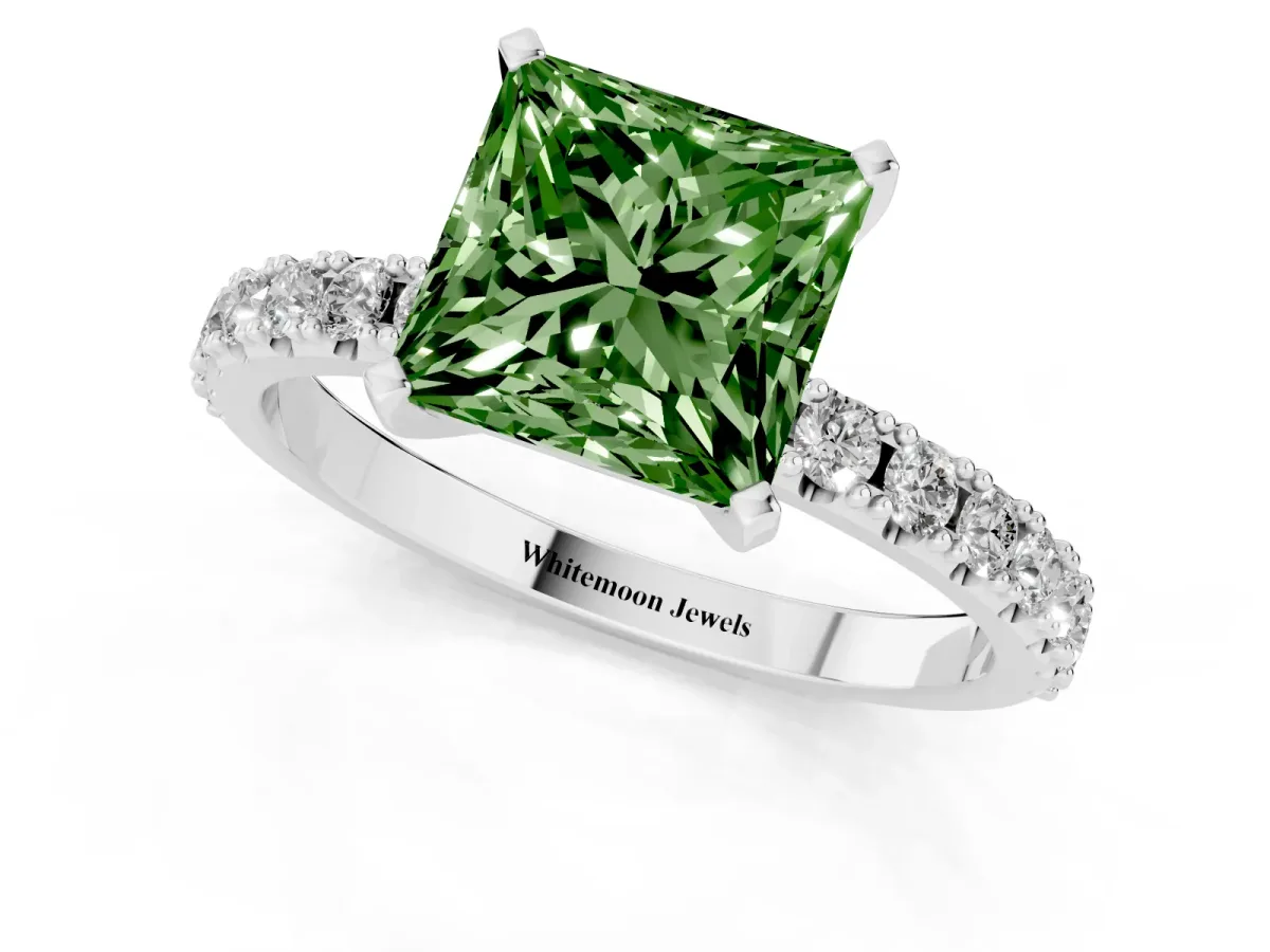 Fancy Green Princess Cut Diamond Solitaire Pavé Band with Four-Prong Setting White gold