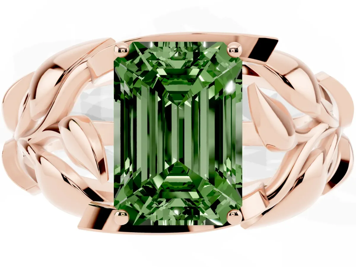 Fancy Green Emerald Cut Diamond Leaf-Inspired Engagement Ring with Round Accents and Prong Setting Rose gold