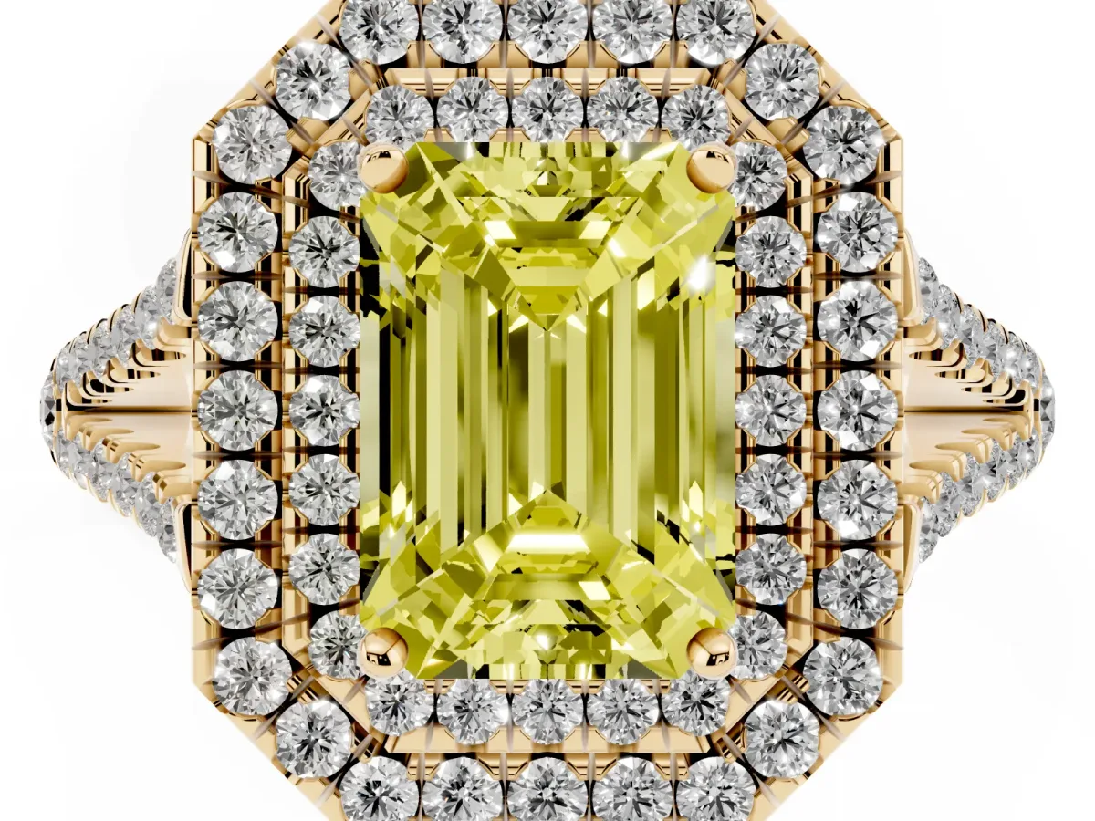Fancy Yellow Emerald Cut Diamond Double Halo Ring with Pavé Band and Prong Setting Yellow gold