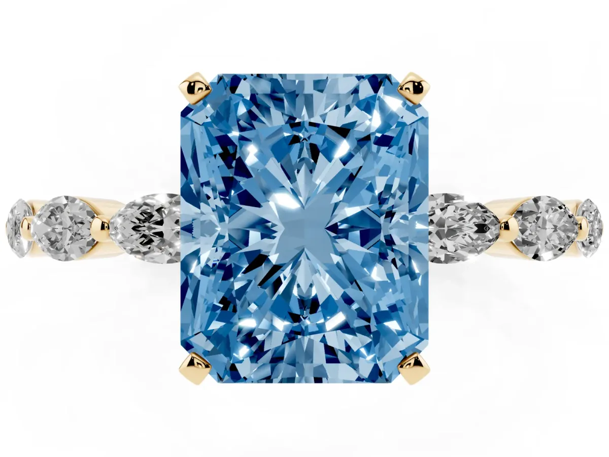 Fancy Blue Radiant Cut Diamond Ring with Marquise Side Stones and Prong Setting Yellow gold