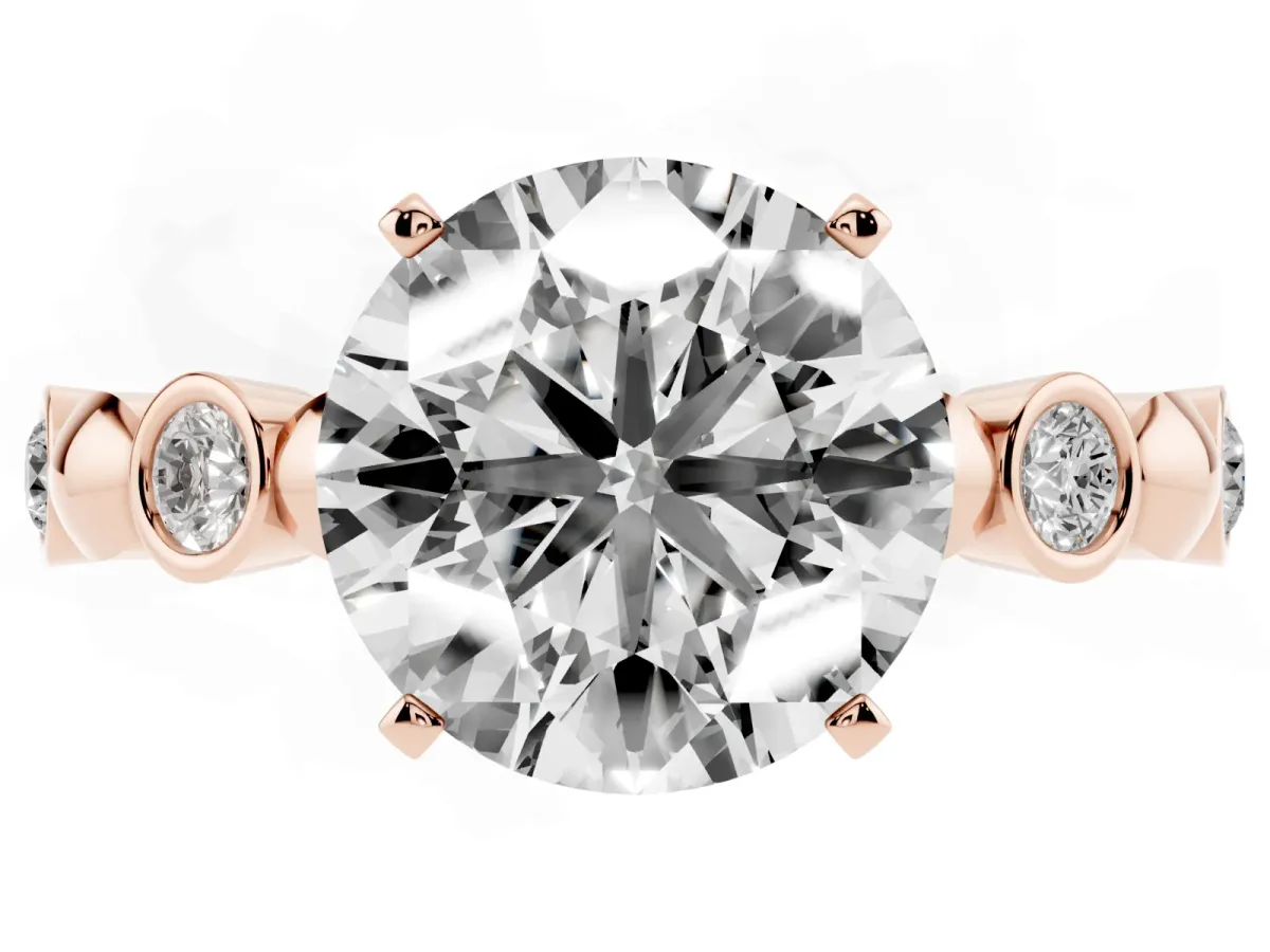 Round Cut Solitaire Bezel-Set Diamond Ring with Beaded Band and Four-Prong Setting Rose gold