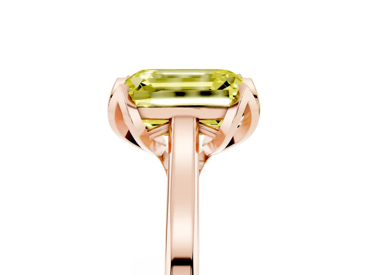Fancy Yellow Emerald Cut Diamond Solitaire Ring with Flower Prong Setting and Classic Band Rose gold