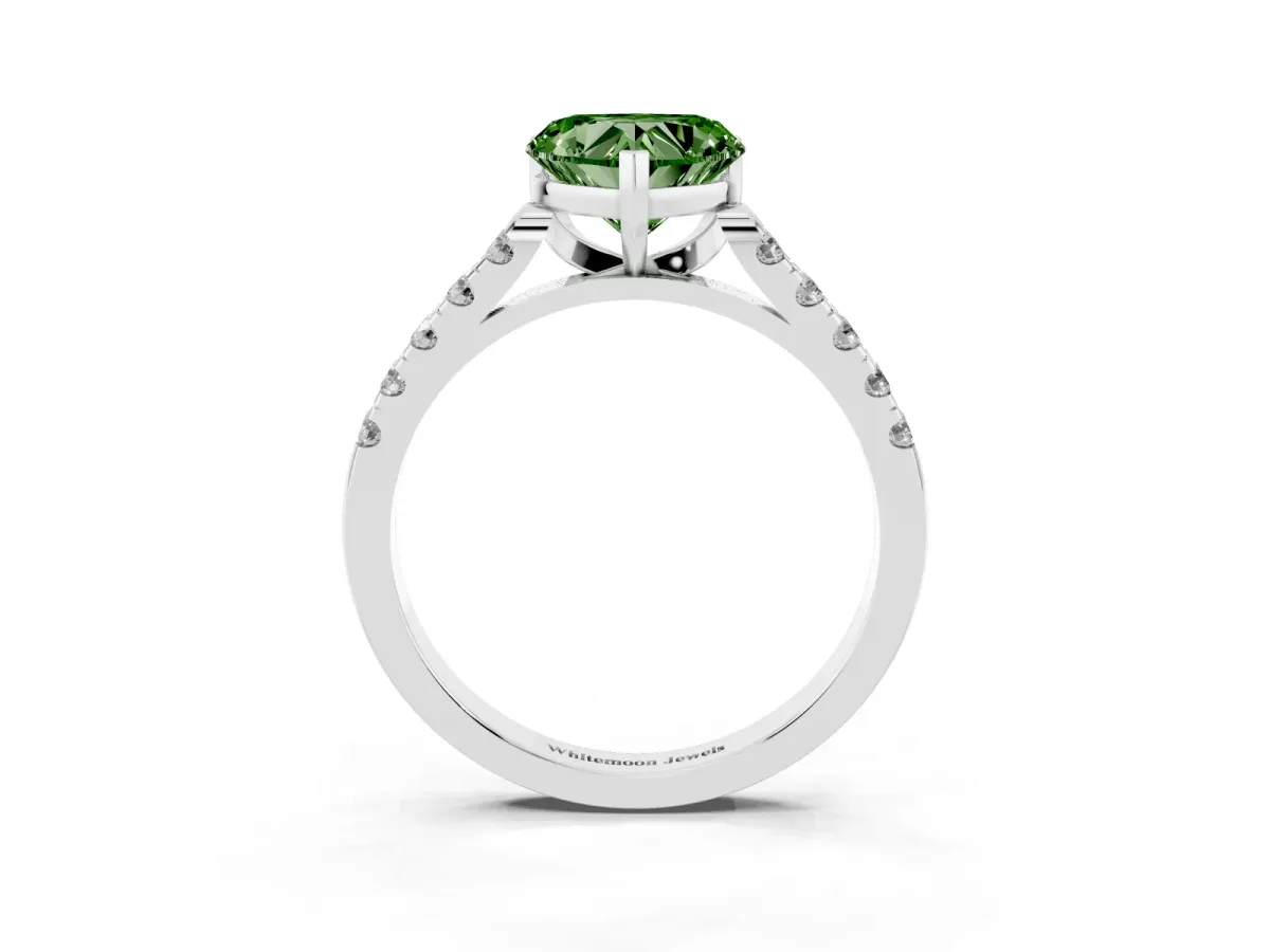 Fancy Green Heart Cut Diamond Pavé Band Solitaire Ring with Prong Setting Silver