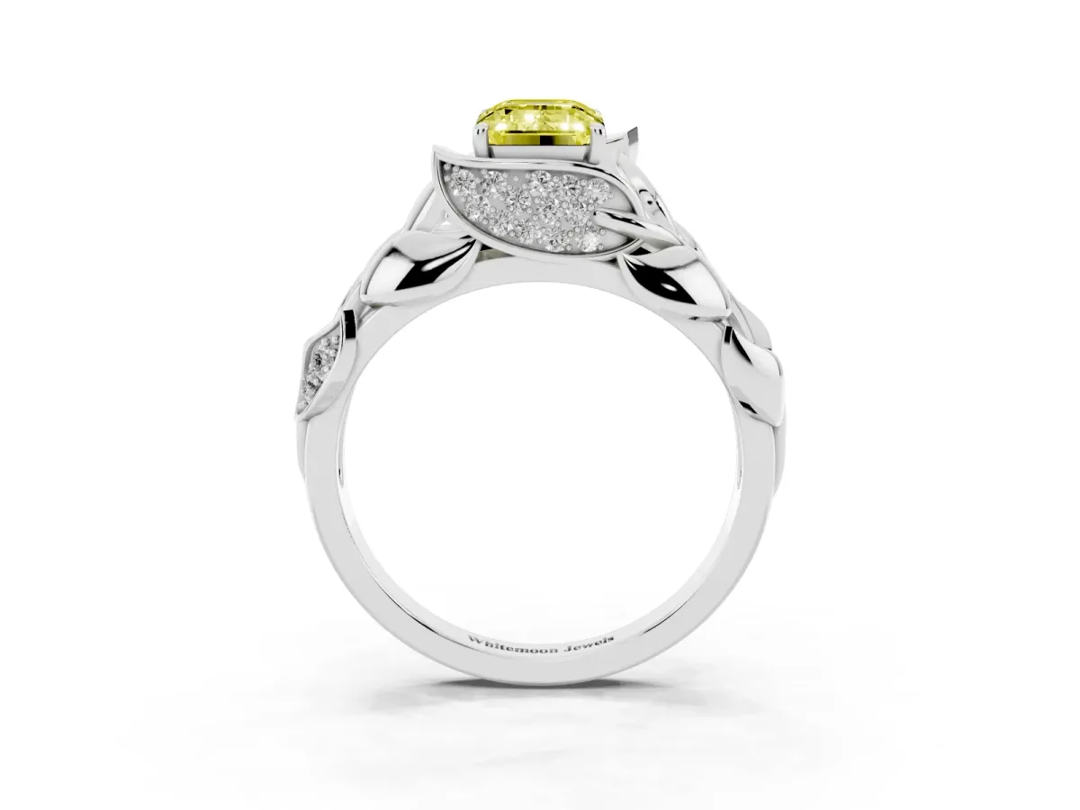 Fancy Yellow Emerald Cut Diamond Leaf-Inspired Engagement Ring with Round Accents and Prong Setting Platinum