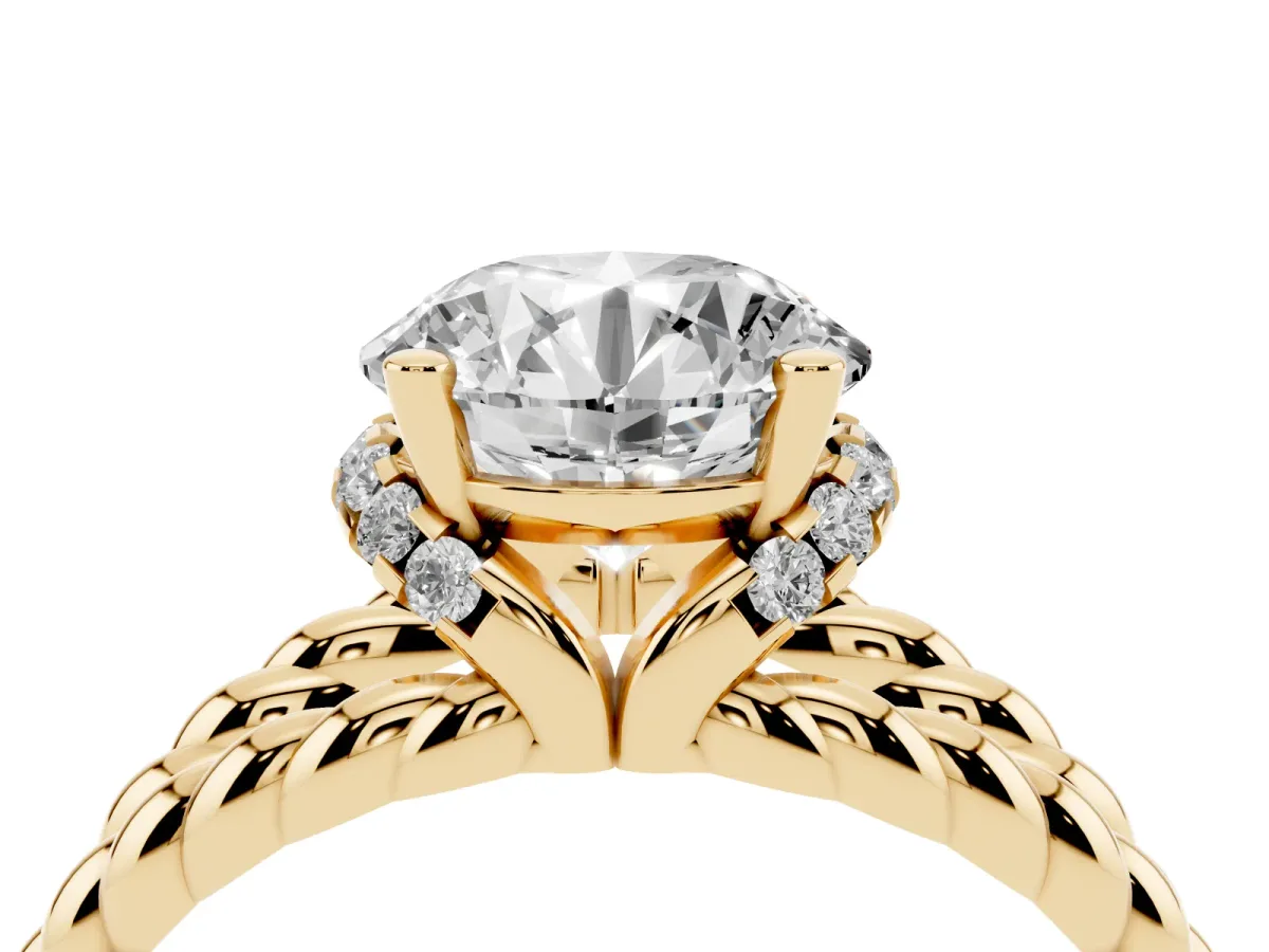 Round Cut Halo Twisted Band Four-Prong Ring Yellow gold