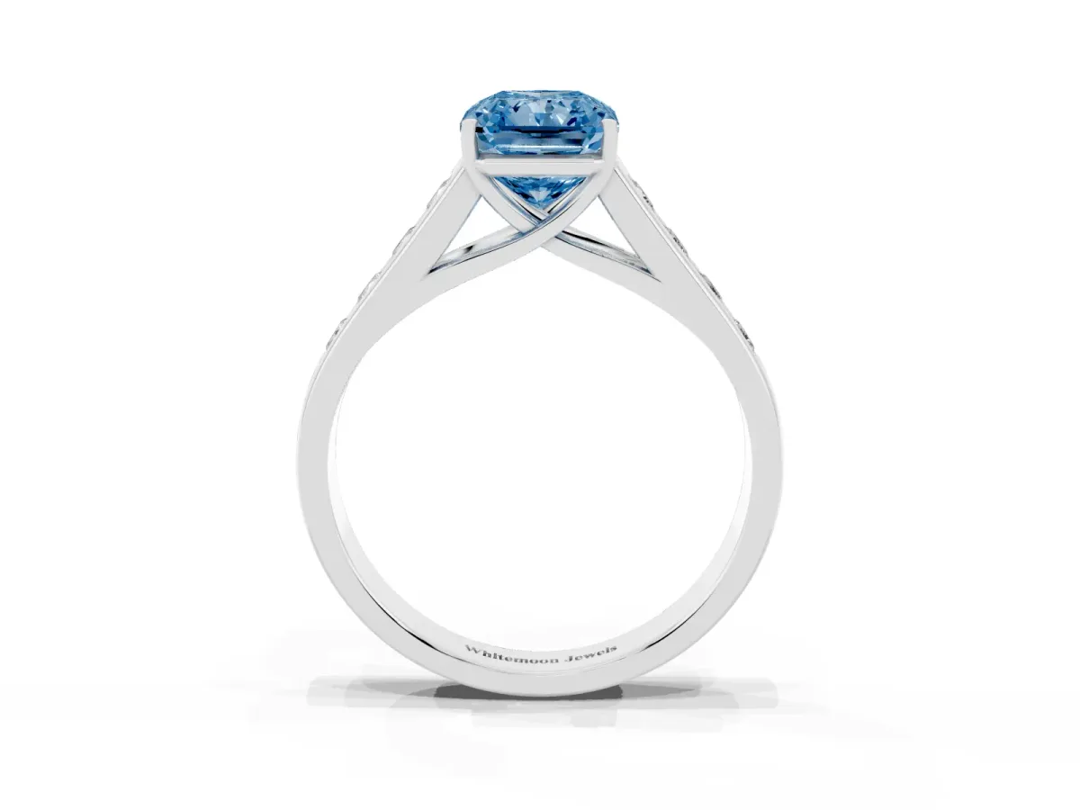 Fancy Blue Radiant Cut Solitaire Channel-Set Diamond Engagement Ring with Four-Prong Setting Platinum