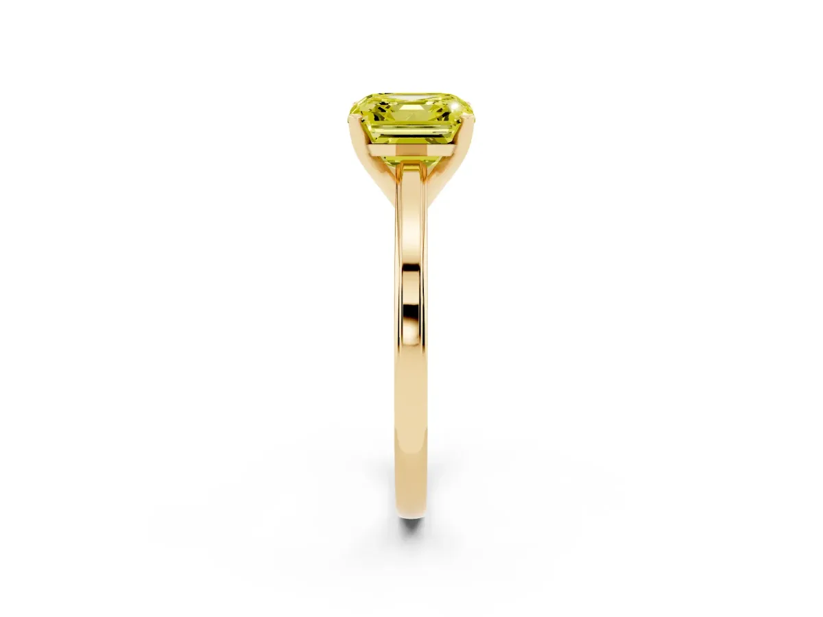 Fancy Yellow Asscher Cut Solitaire Diamond Ring with Four-Prong Setting and Classic Band Yellow gold