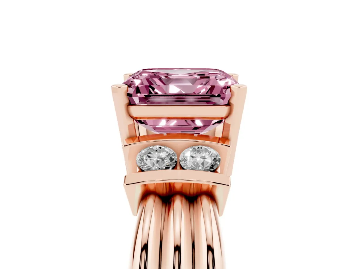 Fancy Pink Asscher Cut Cut Three-Stone Channel Set Ring with Bar Prongs Rose gold