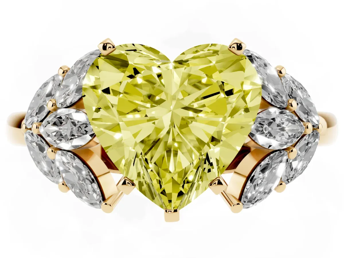 Fancy Yellow Heart Cut Diamond Cluster Leaf Design Ring with Prong Setting Yellow gold