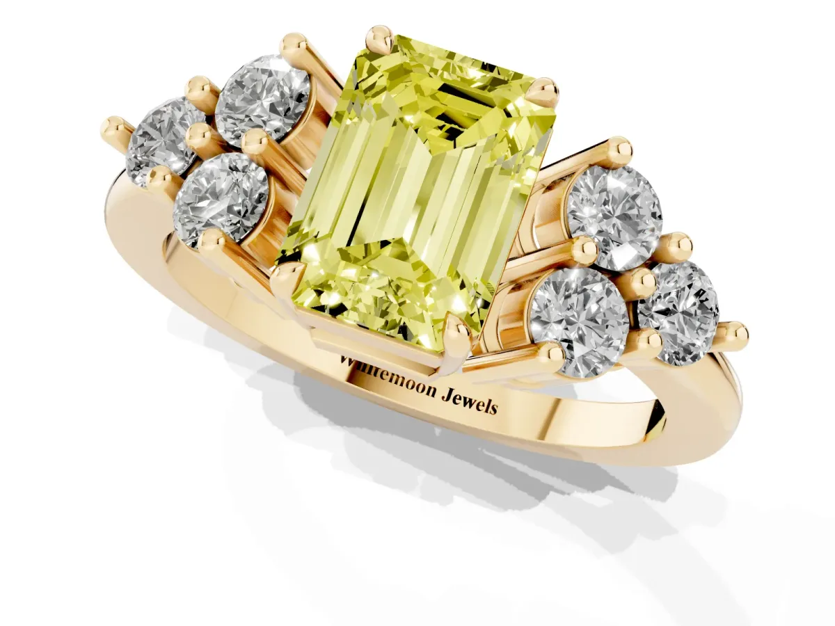Fancy Yellow Emerald Cut Brilliant Diamond Cluster Accent Solitaire Ring with Prong Setting Yellow gold