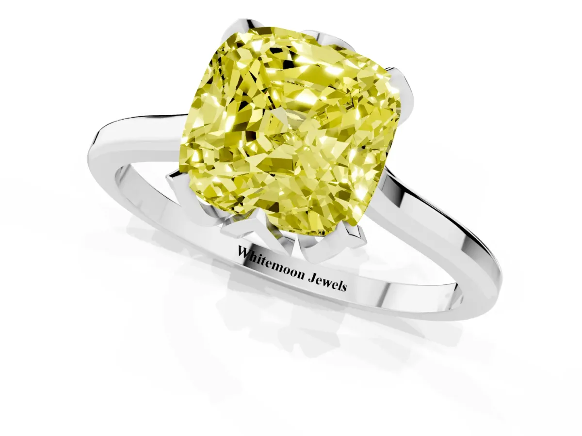 Fancy Yellow Cushion Cut Diamond Solitaire Ring with Flower Prong Setting and Classic Band Silver