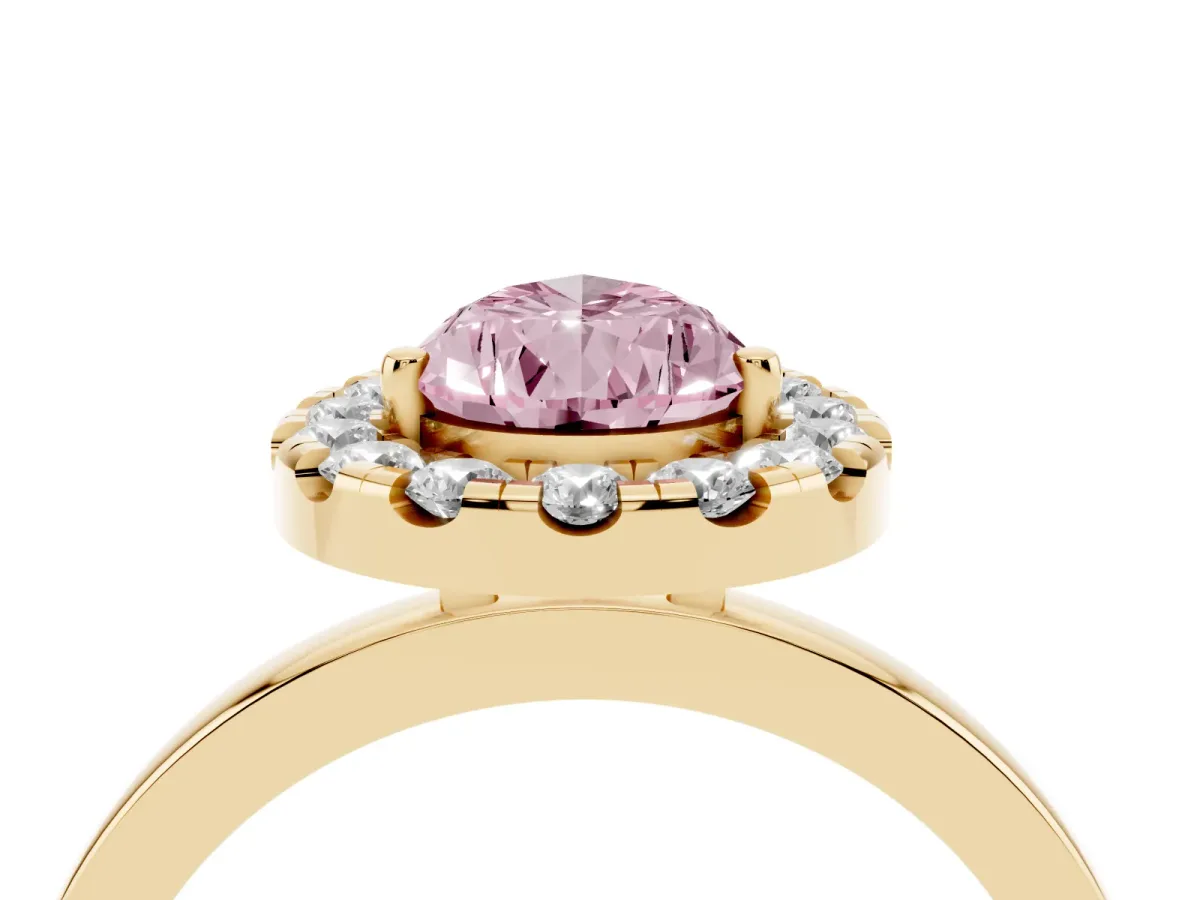 Fancy Pink Pear Cut Halo Diamond Solitaire with Pavé Band and Four-Prong Setting Yellow gold